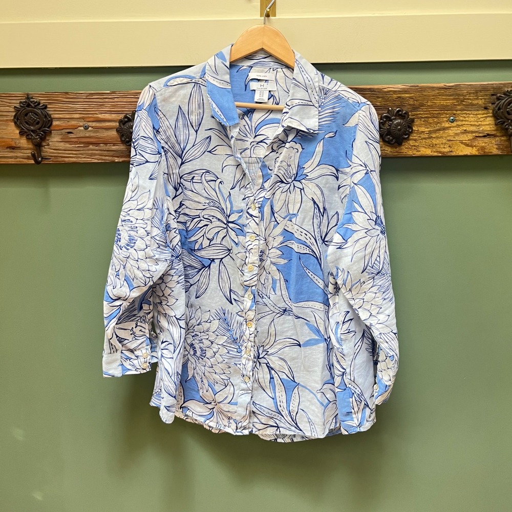 Halston 100% Linen Blue White Floral Button Down Roll Tab Sleeve Shirt 1X Womens